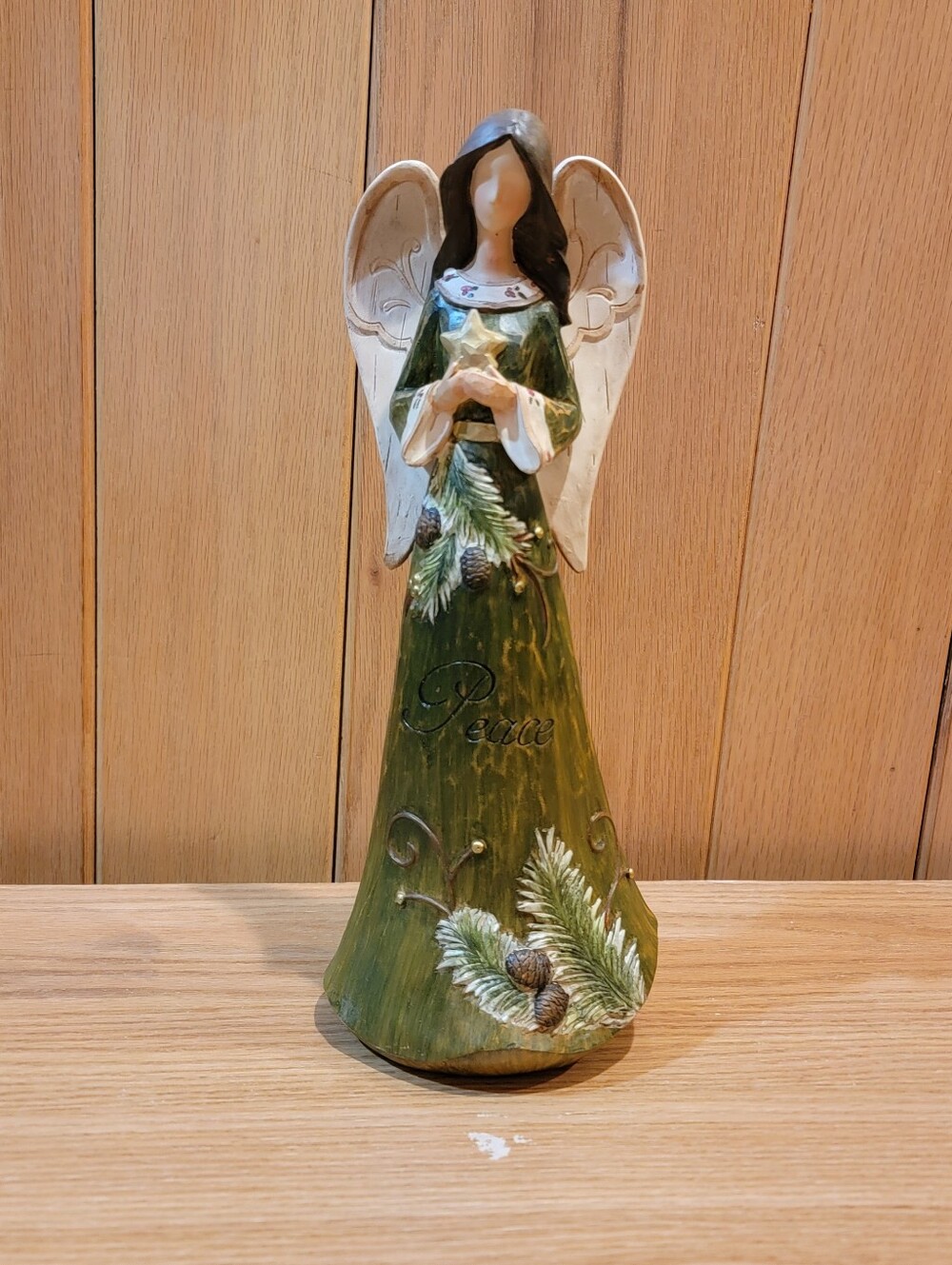 12" Faceless Resin "Peace " Angel Figurine Green Dress Pinecones